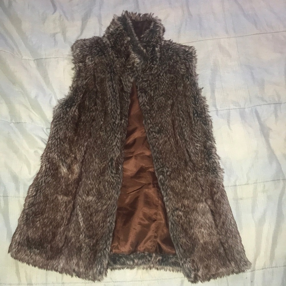 Faux fur long vest with standing collar